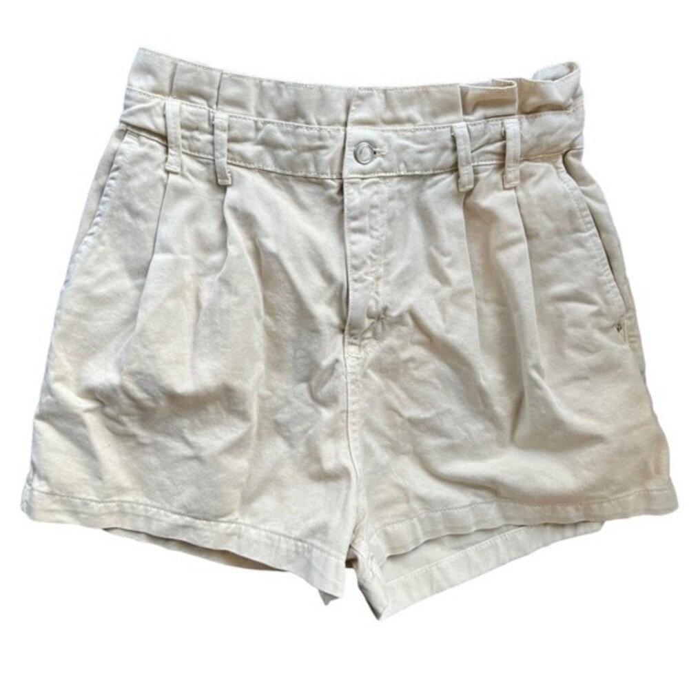 Zara Paperbag Baggy Shorts High Waist Beige Elastic Waist Denim Shorts size 12